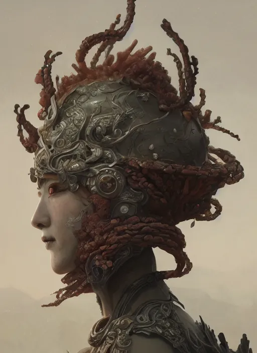 Image similar to Helmet of a forgotten Deity, corals, plume made of seaweed, white snake winding around, extremly detailed digital painting, in the style of Fenghua Zhong and Ruan Jia and jeremy lipking and Peter Mohrbacher, mystical colors, rim light, beautiful lighting, 8k, stunning scene, raytracing, octane, trending on artstation