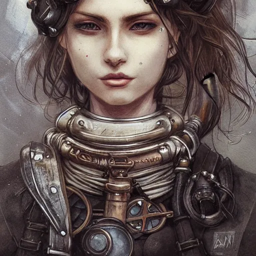 Prompt: portrait of a woman by ayami kojima, british, she is about 2 0 years old, black wavy hair, badass, hardened but friendly look, she is wearing a steampunk tactical gear, highly detailed portrait, digital painting, artstation, concept art, smooth, sharp foccus ilustration, artstation hq