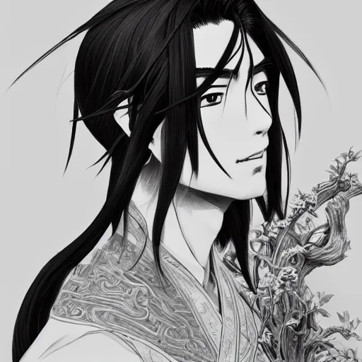 Image similar to an immortal xianxia cultivator with long black hair as an absurdly handsome, elegant, young anime man, ultrafine hyperrealistic detailed face illustration by kim jung gi, irakli nadar, intricate linework, sharp focus, bright colors, matte, gujian, final fantasy, unreal engine highly rendered, global illumination, radiant light, intricate environment