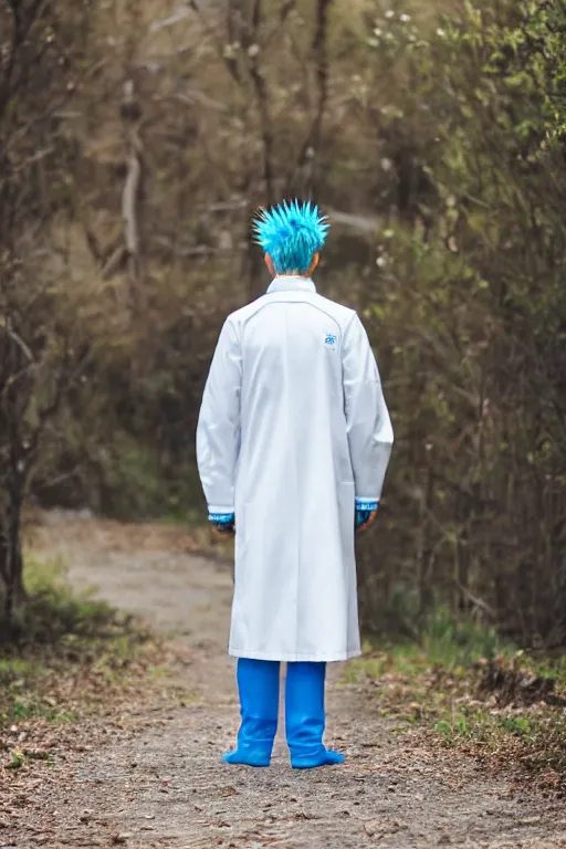 Prompt: real life pickle rick with white labcoat and blue spiky hair, zeiss lens, photography