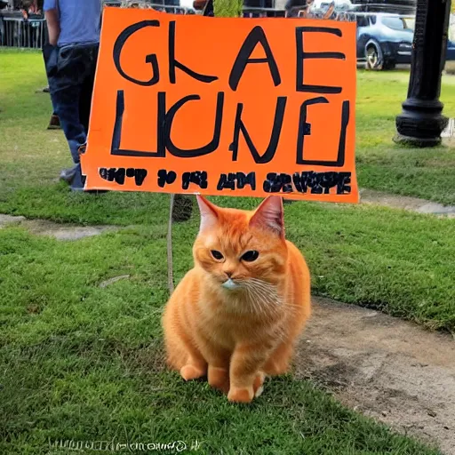 Image similar to cute orange tabby cat that holds a sign that says