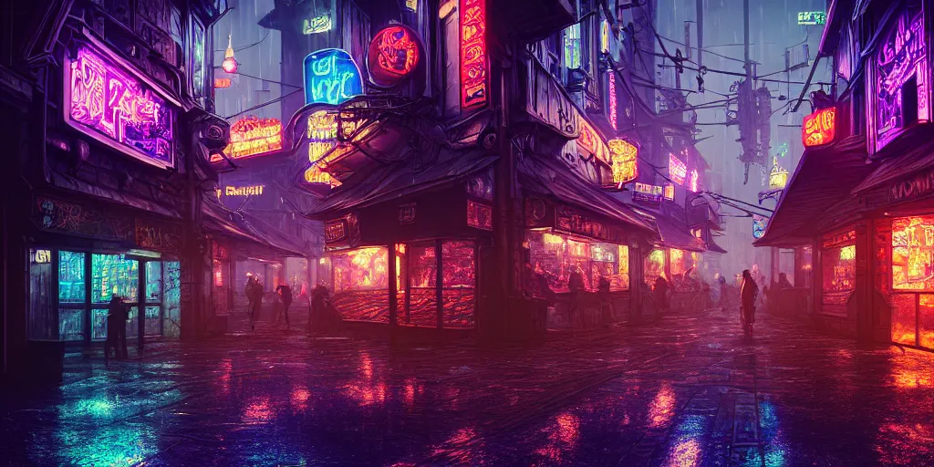 Image similar to fantasy medieval cyberpunk townscape, rain, neon signs, shops, arcade, market, nightclub, weaponsmith, blacksmith, armorer, floating vehicles, people, cinematic establishing shot, purple teal blue white pink orange color scheme, sharp focus, very realistic, photorealistic, intricately detailed, finely textured, cgsociety