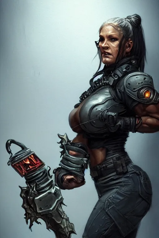 Prompt: gina carano as a shadowrun ork with prothesis metallic left arm, tusk, casual black clothing, muscular, realistic proportions, casual pose, large portrait, sci - fi, rpg character, digital painting, artstation, concept art, smooth, 8 k frostbite 3 engine, ultra detailed, art by artgerm and greg rutkowski and magali villeneuve