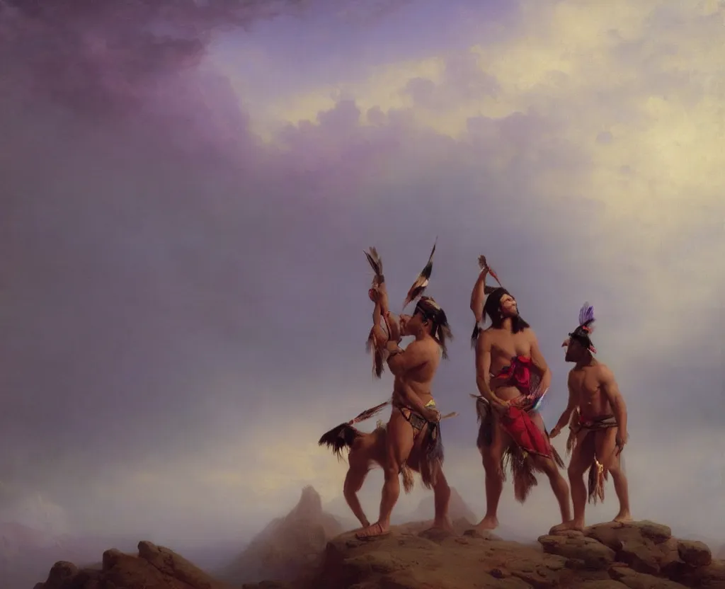 Image similar to two handsome american indians in loincloths, wrestling against a royal purple backdrop by ivan aivazovsky, oil painting, beautiful soft lighting, saturated colours, artstation