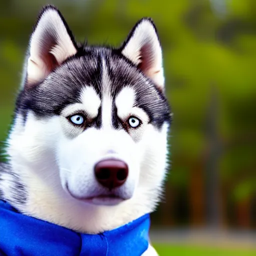 Image similar to a studio photo of a husky wearing a blue cap,photorealistic,professional photography,focus,depth of field,hyperdetailed,studio lighting,3 point lighting,detailed face,cute