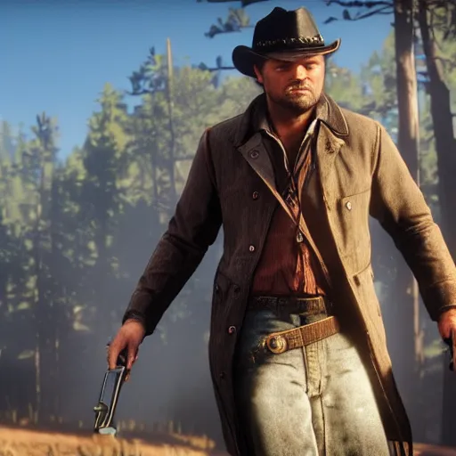 Image similar to leonardo dicaprio plays arthur morgan in the playstation 4 video game red dead redemption 2, video game screenshot