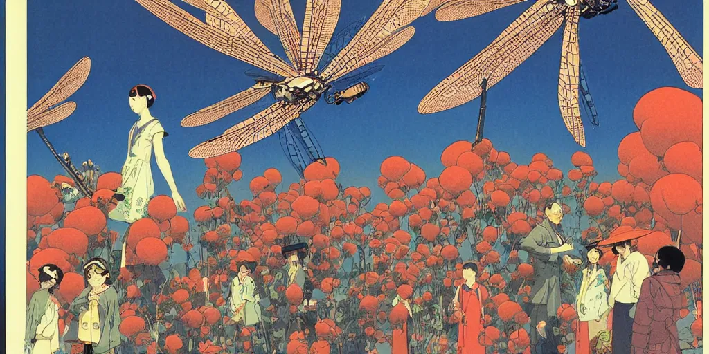 Prompt: gigantic dragonflies with human faces catch tiny robots, a lot of exotic mechas robots around, human heads everywhere, risograph by kawase hasui, edward hopper, satoshi kon and moebius, no text!, colorful flat surreal design, super - detailed, a lot of tiny details, fullshot