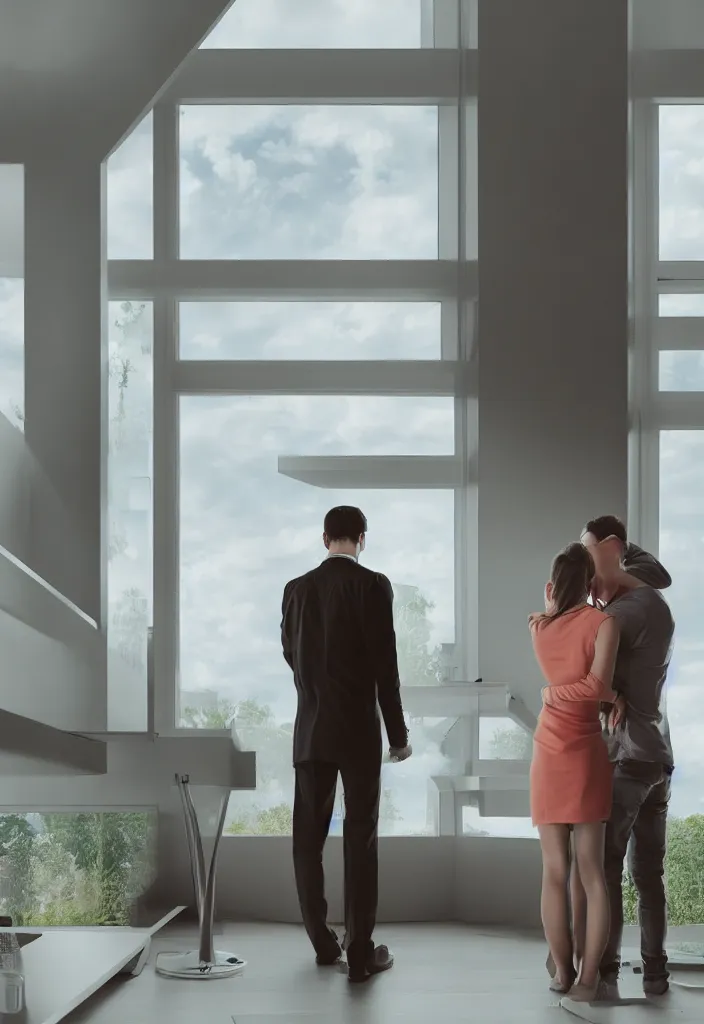 Image similar to sad couple alone looking to the window in a futuristic home office, highly detailed, photo realistic