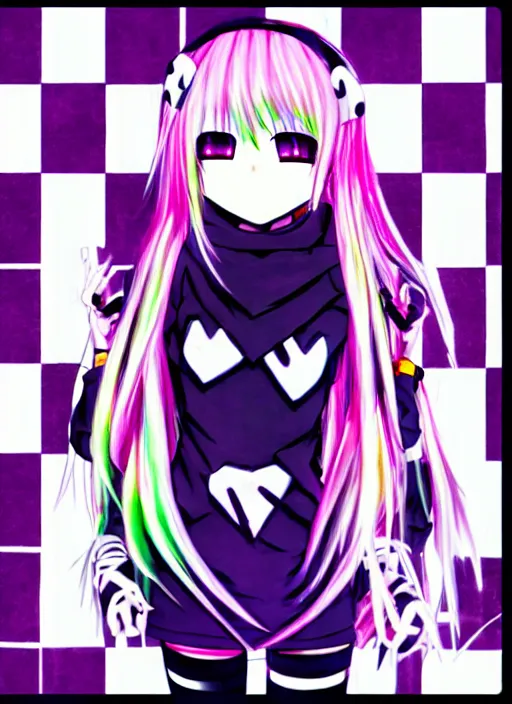 Image similar to emo anime girl, scene, rainbowcore, vhs monster high, glitchcore witchcore, checkered spiked hair, pixiv