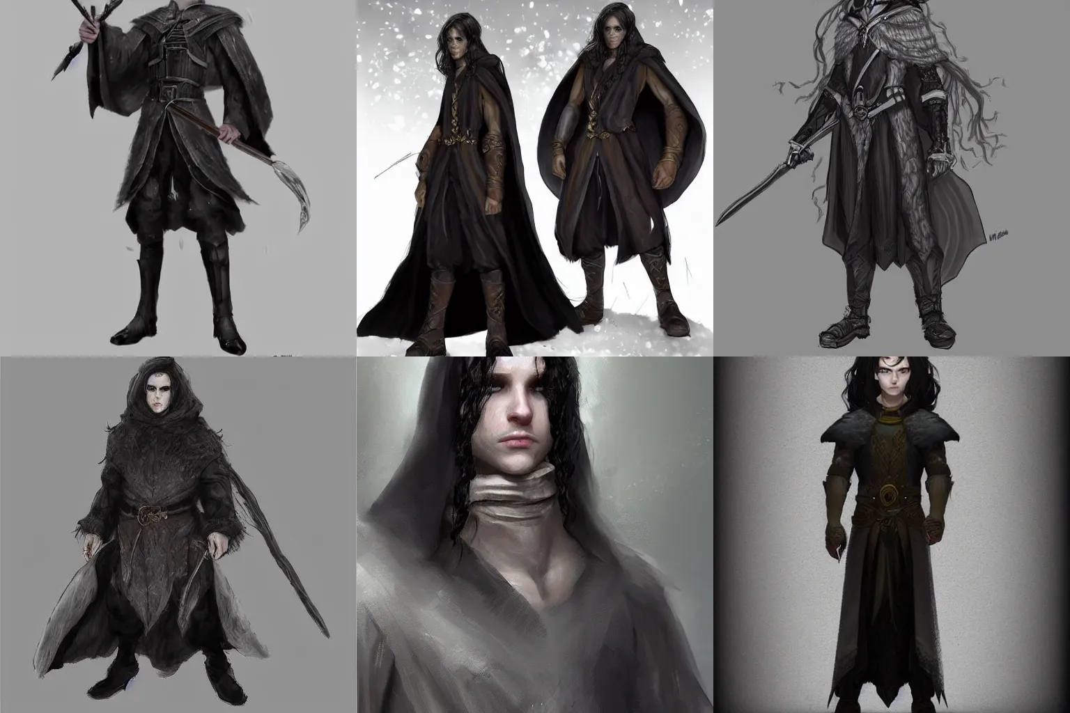 Prompt: Milori is a shorter person. Very narrow features, with black curly hair. His skin is pale, almost like snow. He wears a dark cloak over form fitting clothes, featured on artstation