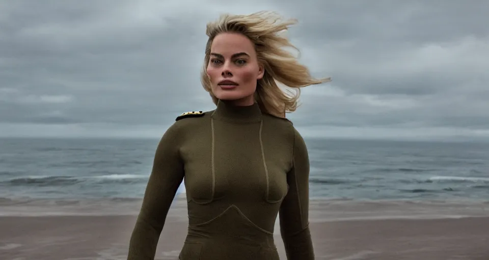 Image similar to cinematic shot of margot robbie in military gear walking out of the ocean, cinematic diffuse lighting, cloudy weather