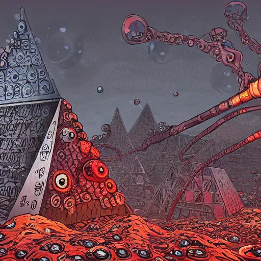 Image similar to hyper detailed comic illustration of a giant fleshy bio-mechanical machine pyramid covered in eyeballs, overlooking a dystopian wasteland, bright colors with red hues, lovecraftian