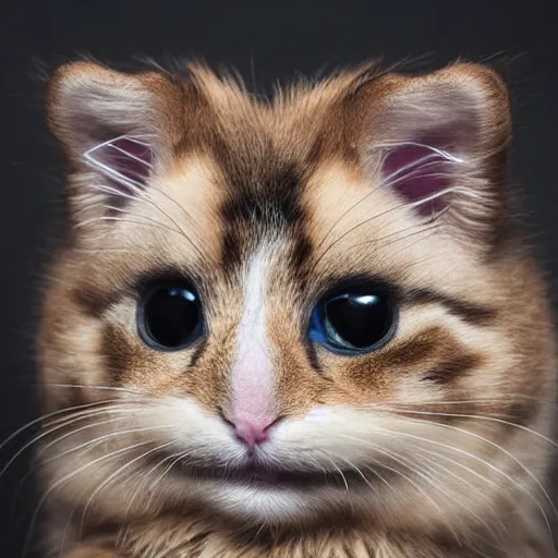 Prompt: fluffy miniature feline cat hamster portrait, dilated pupils, aesthetic highly detailed soft fur and paws, professionally shot photorealistic 8k photograph, 35mm Canon EOS R3, rendered in octane, by Natalie Große and Jason Allison