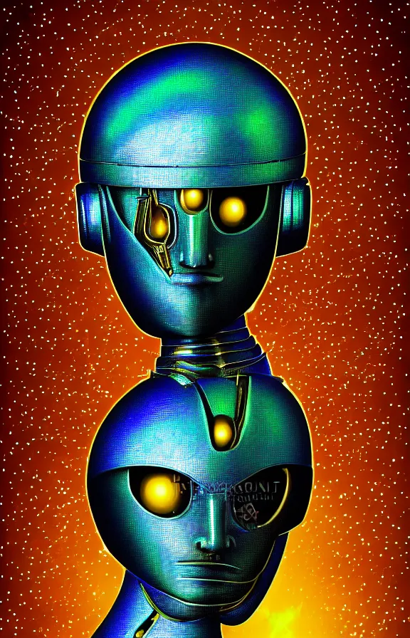 Image similar to portrait of a robot humanoid alien with golden armature and medieval helmet. Galactic iridescent background in the style of Tim white and moebius