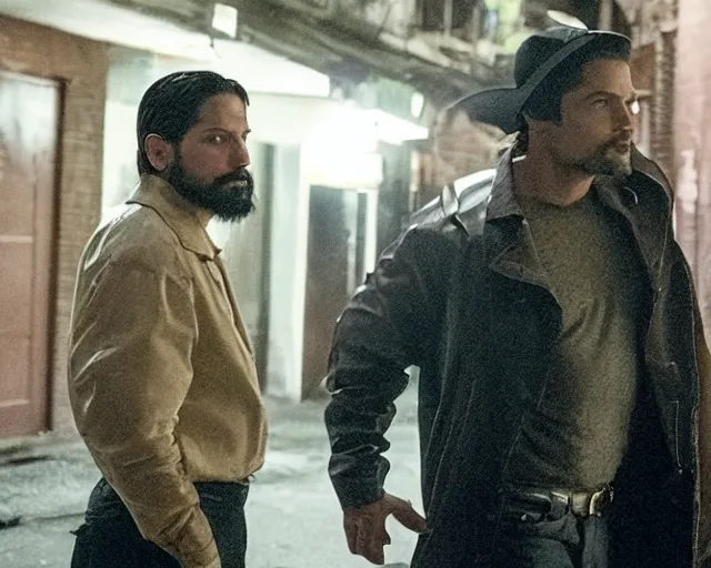 Prompt: in this scene from david chase's hbo miniseries the outfit, a supernatural mafia crime thriller about magical monster - hunting mafiosi in 9 0 s philadelphia, the main character ( joe manganiello ) is confronted in a dark alley by a werewolf. realistic hd 8 k film photography, modern horror cgi vfx.