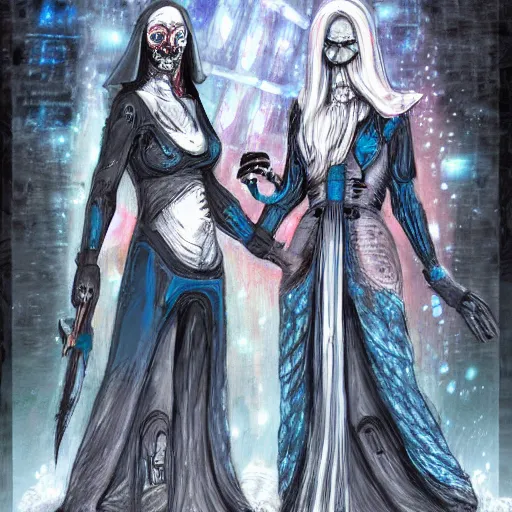 Prompt: mother maiden and crone, cyberpunk themed art, sci - fi concept art