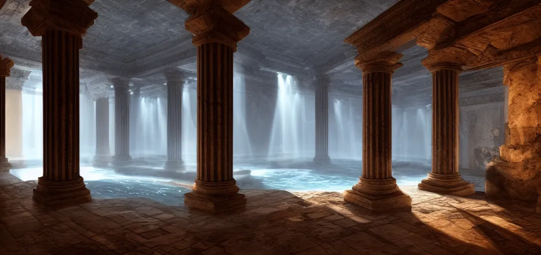 Image similar to dramatic photo of underground roman interior, ambient occlusion, glowing pool of water with realistic light refraction, caustics, making the pillars glow, ancient marble statues, raytracing, unreal engine, dramatic lighting, detailed,, global illumination, god rays, 3 d artstation by greg rutowski and jessica rossier