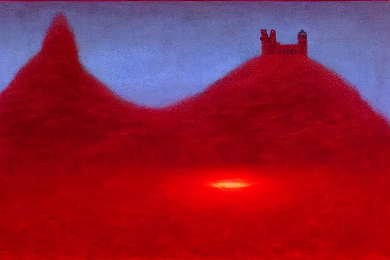 Image similar to only with red, in a red dream world, a crimson tiger, a big deal, a red fox, a castle in the background, in the style of beksinski, part by hopper, part by rodcenko, part by hofbauer, intricate composition, red by caravaggio, insanely quality, highly detailed, masterpiece, red light, artstation