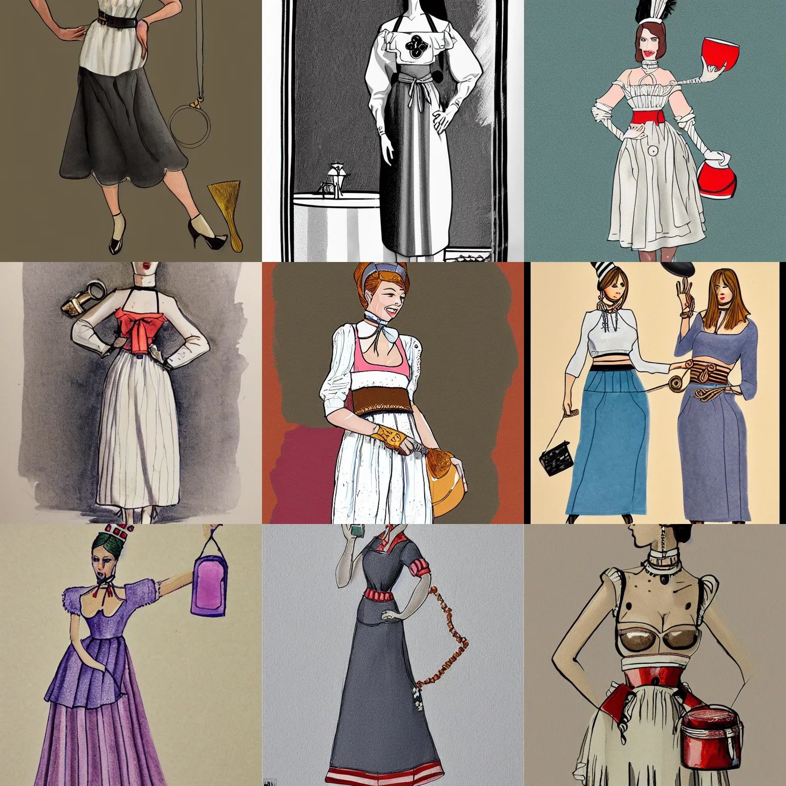 Prompt: a fashion illustration of a milkmaid costume with a fancy cowbell choker and silicone udders on the belly