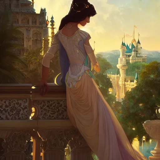 Prompt: beautiful princess jasmin, disney, palace background, intricate, elegant. highly detailed, digital painting, artstation, concept art, smooth, sharp, focus, illustration. art by artgerm and greg rutkowski and alphonse mucha