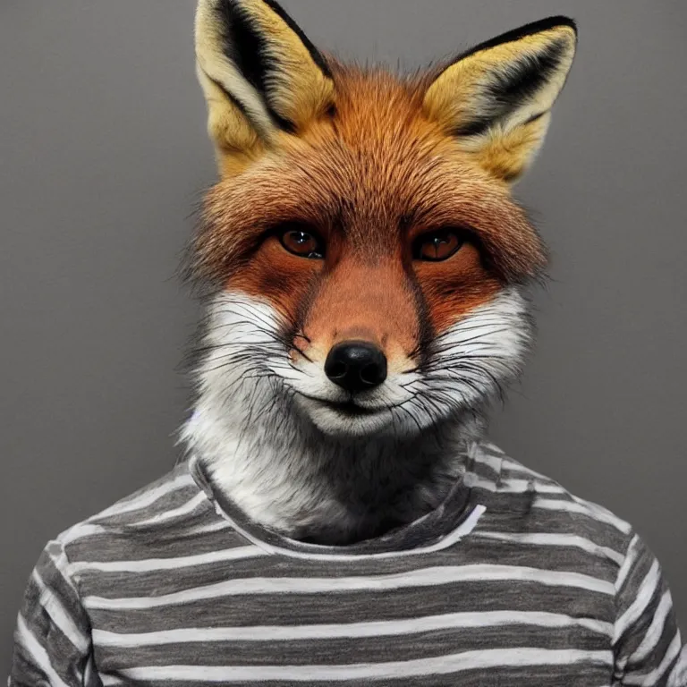 Prompt: fox headed man wearing striped prison clothing, colorized jail mugshot