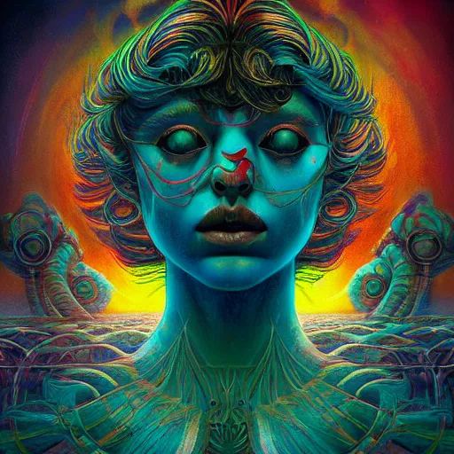 Prompt: prompt! dream symmetry!! stunning portrait of greek ancient myth!! dmt, acid, psychedelics, kilian eng vibrant colours, dynamic lighting, digital art, winning award masterpiece, fantastically beautiful, illustration, aesthetically inspired by beksinski and dan mumford, art by greg rutkowski, 8 k