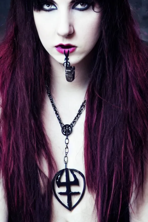 Prompt: Medium close-up photo of Susan Coffey as a Goth girl wearing a large ankh necklace, dark colors, tattoos, soft lighting, rich cinematic atmosphere, poster, 8k
