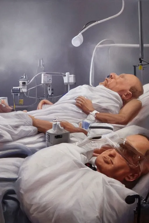 Prompt: a very hyperrealistic oil painting of ill Vladimir Putin as a patient wearing an oxygen mask lying in bed inhaling white clubs of smoke from Copium tank that stand near his bed, visible face, distant shot, oil painting, highly detailed, hyper realistic, volumetric lighting