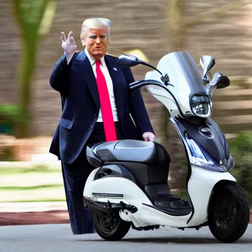 Prompt: donald trump riding a toy scooter away from police cars