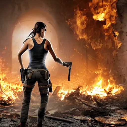 Prompt: Lara Croft stands wearing torn and burned clothes