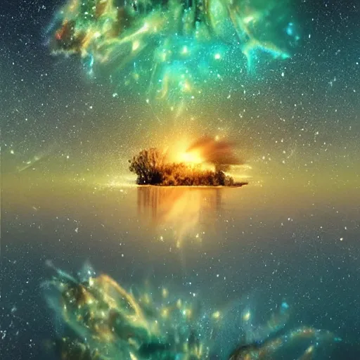 Image similar to lake that is reflecting the cosmos at night with countless stars, superior quality, intricate quality, viscous liquid, surreal, highly detailed, real camera, real photo, 8 k, art by artstation