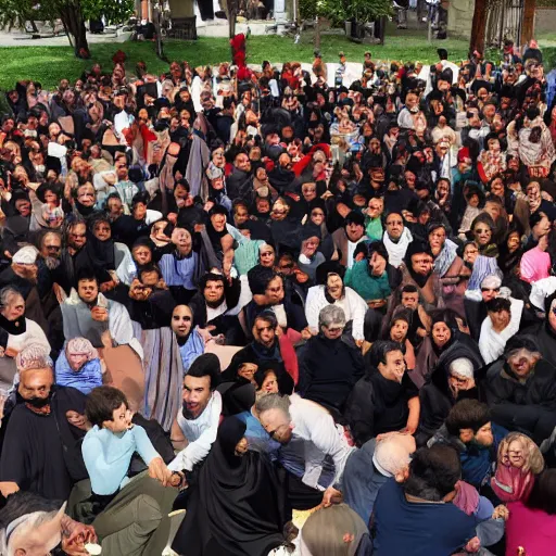 Prompt: a photograph of persian people at a large extended family reunion fighting playfully while playing musical chairs