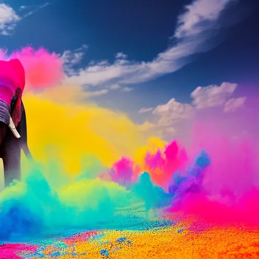 Image similar to photograph of happy elephant covered in bright-colored powder, holi, sharp focus, cinematic lighting, rim lighting, clouds of colored powder flying in the background, enhanced, 4k, hd, flickr