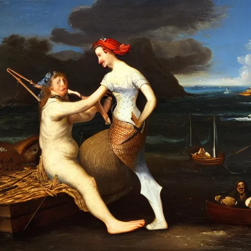 Prompt: a fisherman harpoons a mermaid, dutch golden age oil painting masterpiece