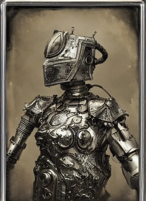 Image similar to old wetplate daguerreotype frame portrait of a futuristic silver armored knight district 9 cyborg, fractal, intricate, elegant, highly detailed, subsurface scattering, by jheronimus bosch and greg rutkowski and louis jacques mande daguerre