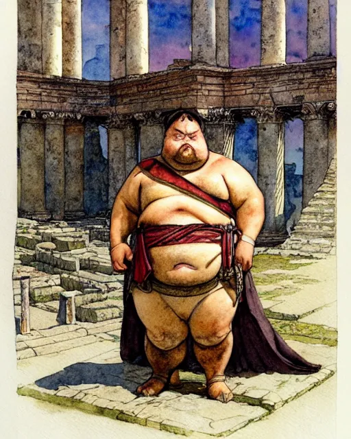 Image similar to a realistic and atmospheric watercolour fantasy character concept art portrait of a fat adorable chibi bulldog roman centurion in a roman temple, by rebecca guay, michael kaluta, charles vess and jean moebius giraud