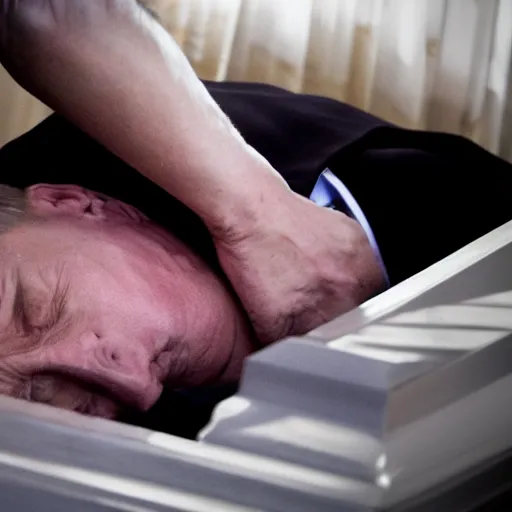 Image similar to sad dead Putin lies in a coffin. dramatic lighting, award winning studio photo