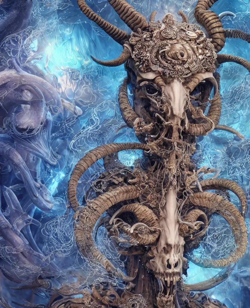 Prompt: close-up macro portrait of the face of a beautiful princess with ram goat satan mask, epic angle and pose, ribcage skeleton symmetrical artwork, 3d with depth of field, blurred background, cybernetic jellyfish female face skull phoenix bird, translucent, nautilus, energy flows of water and fire. a highly detailed epic cinematic concept art CG render. made in Maya, Blender and Photoshop, octane render, excellent composition, cinematic dystopian brutalist atmosphere, dynamic dramatic cinematic lighting, aesthetic, very inspirational, arthouse. y Greg Rutkowski, Ilya Kuvshinov, WLOP, Stanley Artgerm Lau, Ruan Jia and Fenghua Zhong