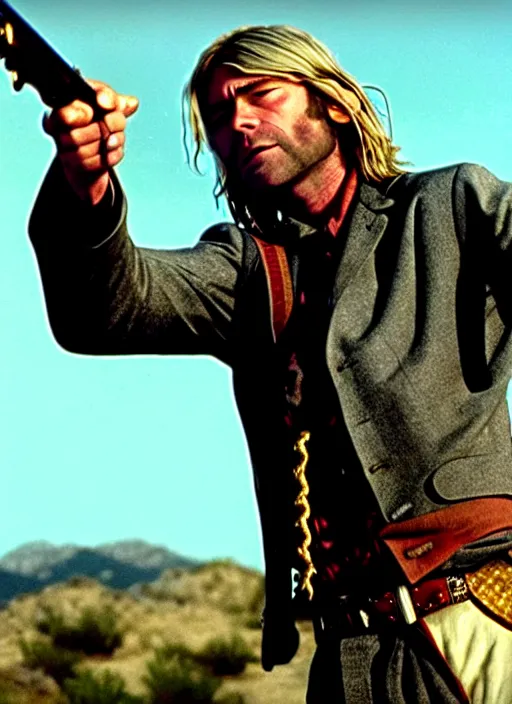 Image similar to film still of kurt cobain as clint eastwood in the movie a fist full of dollars, full-shot, 4k