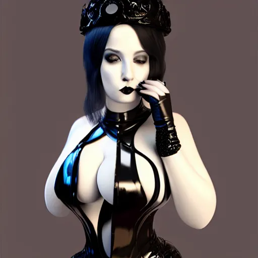 Prompt: portrait of a curvy feminine goth goddess with classy elaborate tight black-silver nylon-latex ballroom gown, black choker, photorealistic, sublime, 16k, smooth, sharp focus, cgsociety, ArtStation, volumetric lighting