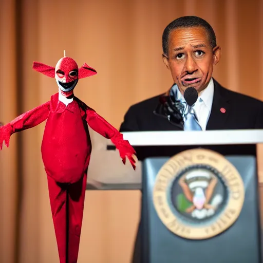 Image similar to string puppet of a president with clown makeup in a podium and a human shadow behind