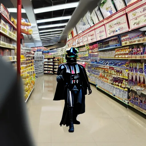 Prompt: A still of a Darth Vader shopping for groceries, 4k, photograph, photoreal, ultra realistic, highly detailed, professional lighting
