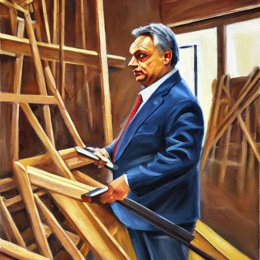 Image similar to viktor orban in a wood workshop, oil painting