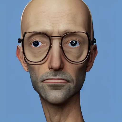 Image similar to A middle-aged Dr. Venture in real life with a hooked nose, a long gaunt face and skinny body and neck, very thin and bald, realistic, very realistic, hyperrealistic, highly detailed, very detailed, extremely detailed, detailed, digital art, oil painting, trending on artstation, headshot and bodyshot, detailed face, very detailed face, extremely detailed face, HD Quality, 8k resolution, very very detailed face, real life