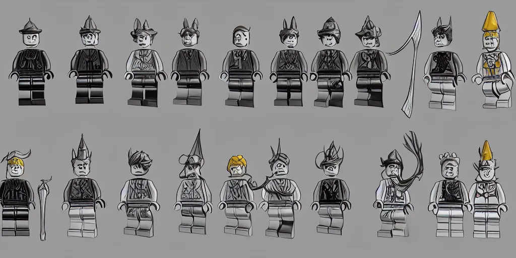 Prompt: characters from the magical lego imagination forest, sharp focus, moebius, character sheet, game concept art, brush work