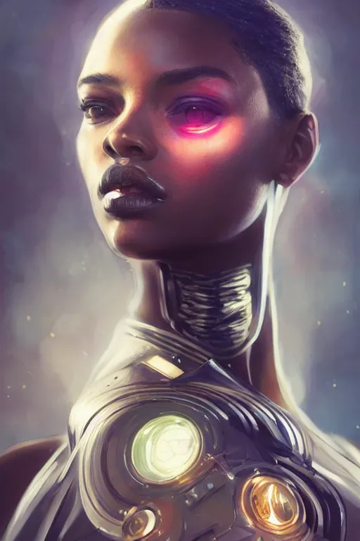 Image similar to ultra realistic illustration, dappled lighting, closeup portrait shot, perfect lighting, hacknaut cyberpunk, sci - fi, fantasy, intricate, elegant, deviantart, highly detailed, digital painting, artstation, concept art, black person, smooth, sharp focus, illustration, art by artgerm and greg rutkowski and alphonse mucha