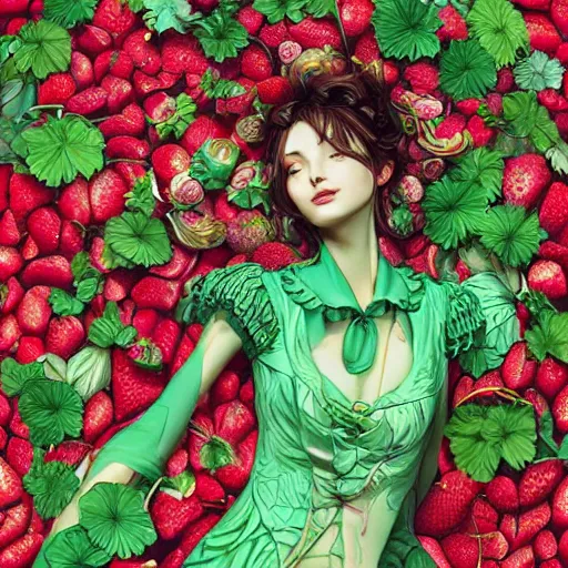 Prompt: the portrait of an absurdly beautiful, graceful, elegant, sophisticated, fashionable young woman made of strawberries and green petals looking up, an ultrafine hyperdetailed illustration by kim jung gi, irakli nadar, intricate linework, bright colors, octopath traveler, final fantasy, unreal engine 5 highly rendered, global illumination, radiant light, detailed and intricate environment