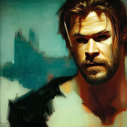 Prompt: chris hemsworth, intricate, elegant, highly detailed, greg manchess, mucha, liepke, ruan jia, jeffrey catherine jones, ridley scott