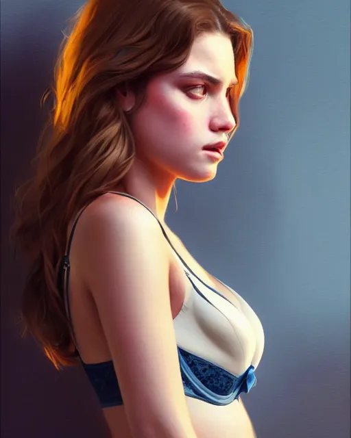 Prompt: a beautiful girl with jacket and bra portrait | | realistic shaded, unpleasant face, bad looking, fine details, realistic shaded lighting poster by greg rutkowski, magali villeneuve, artgerm, jeremy lipkin and michael garmash and rob rey