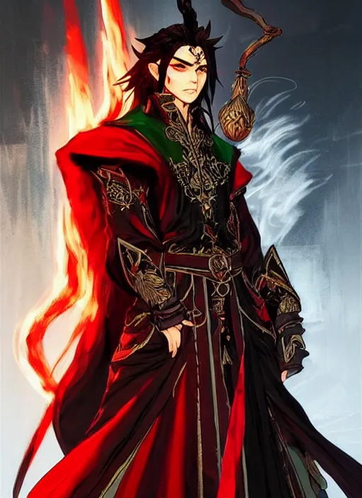 Image similar to Half body portrait of a handsome elf fire mage with long black hair wearing ornate scarlet robe, fire magic. In style of Yoji Shinkawa and Hyung-tae Kim, trending on ArtStation, dark fantasy, great composition, concept art, highly detailed, dynamic pose.